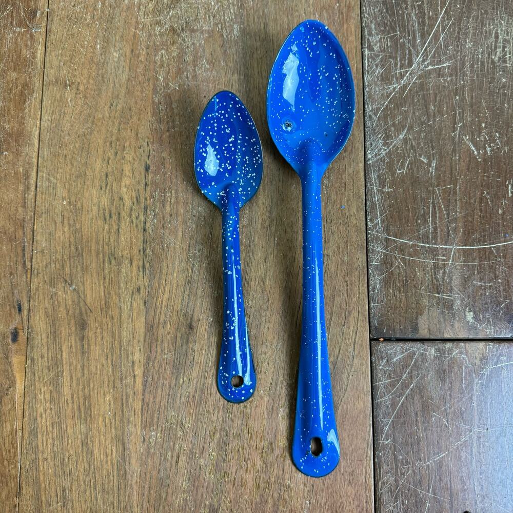 Vintage Blue White Speckled Enamel Graniteware Set of 2 Serving‎ Cooking Spoons
